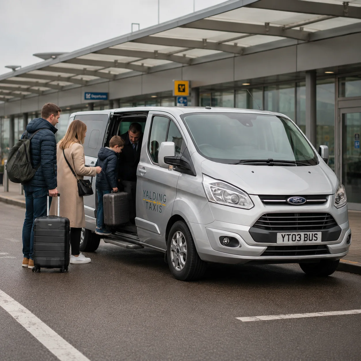 Passengers boarding a Yalding Taxis minibus at an airport